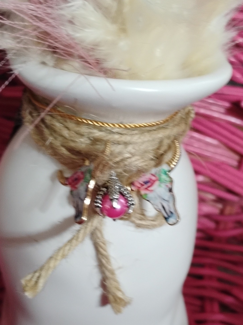White Ceramic Vase with Pink and Gold Charm Accent